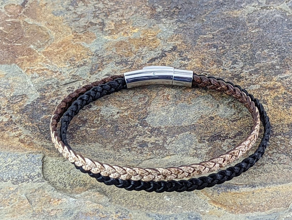 Black & tan 5 mm wide braided leather bracelet