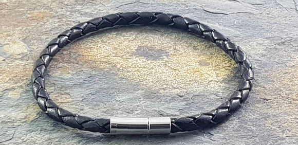 Black Genuine Leather Bracelet 4 mm round diameter