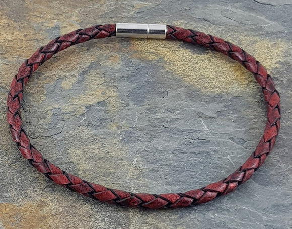 Dark red & Black fleck Leather Bracelet 4 mm round 