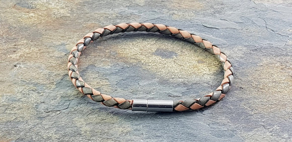 Grey & Tan 4 mm round diameter leather Bracelet