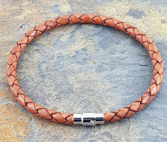 Light Brown Leather Bracelet 5 mm round diameter