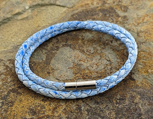 Light Blue leather bracelet double rap.