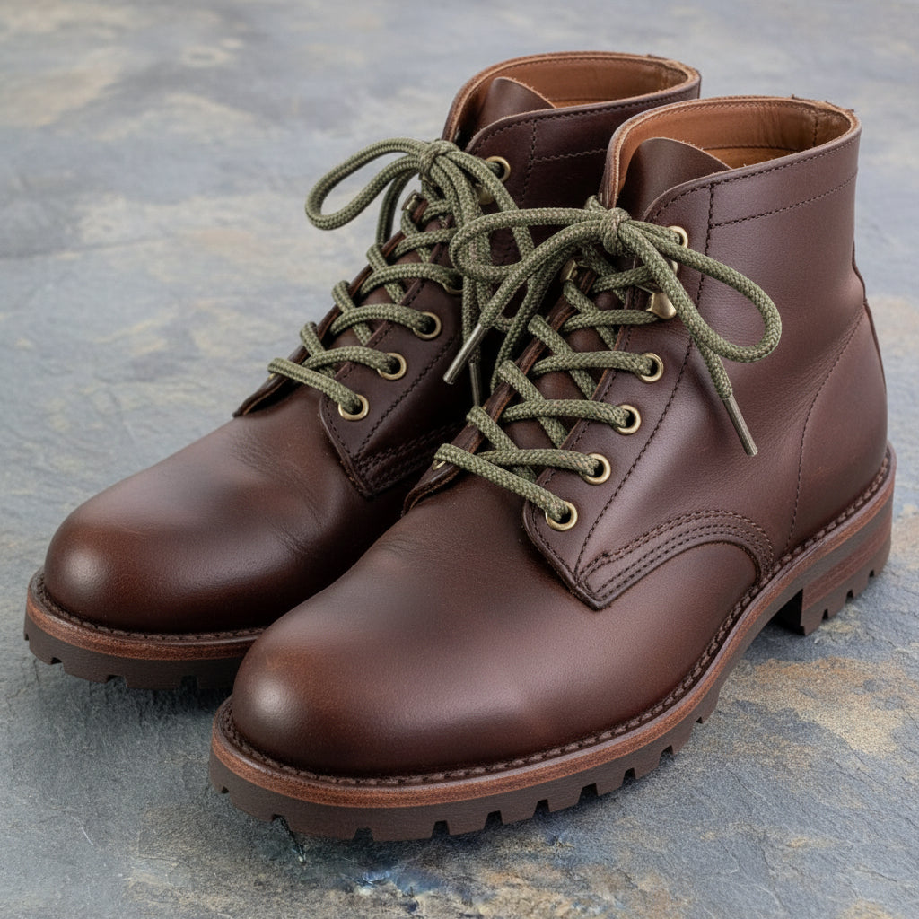 Green braided shoelace with metal eyelets on a stone surface