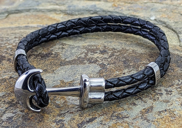 Black leather bracelet  with anchor style clasp.