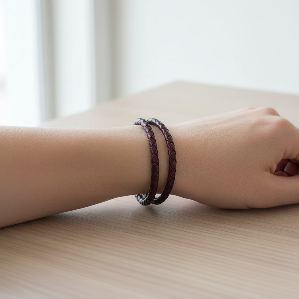 Double Rap Leather Bracelet, Dark Red & Black
