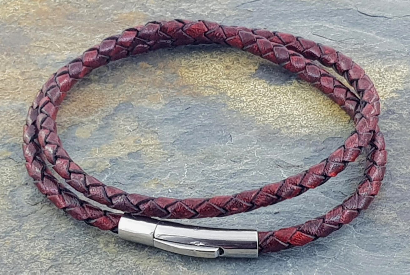 Double Rap Leather Bracelet, Dark Red & Black