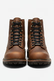 A pair of dark brown leather lace-up boots with 9mm wide black laces