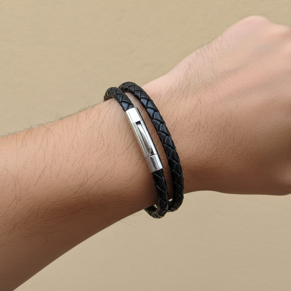 Double Leather Bracelet, Braided 5 mm Black