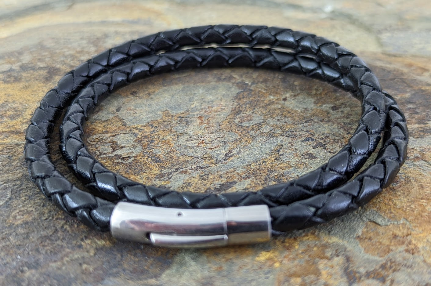 Double Leather Bracelet, Braided 5 mm Black