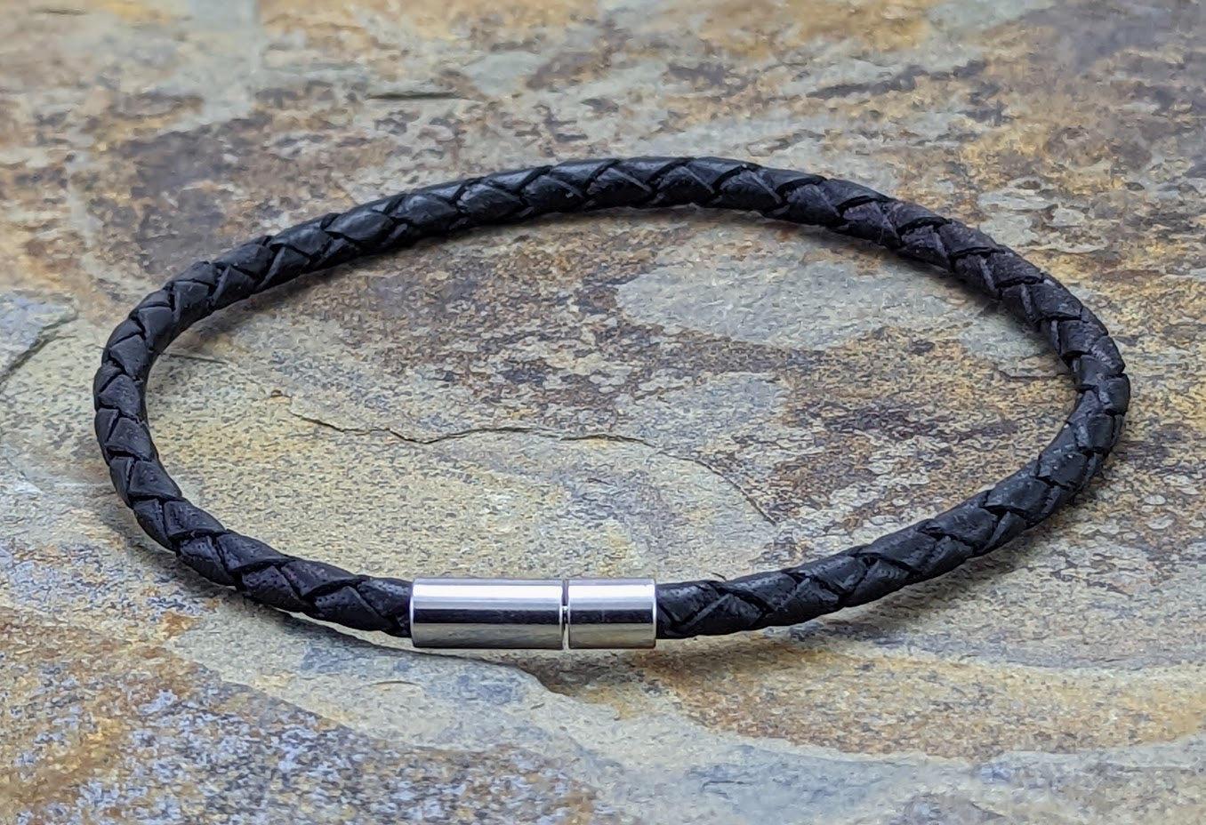 Black Genuine Leather Bracelet 4 mm round diameter