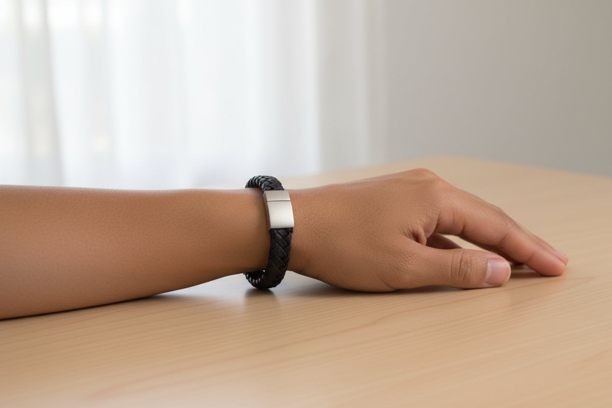 Black braided leather bracelet with a silver clasp on wrist