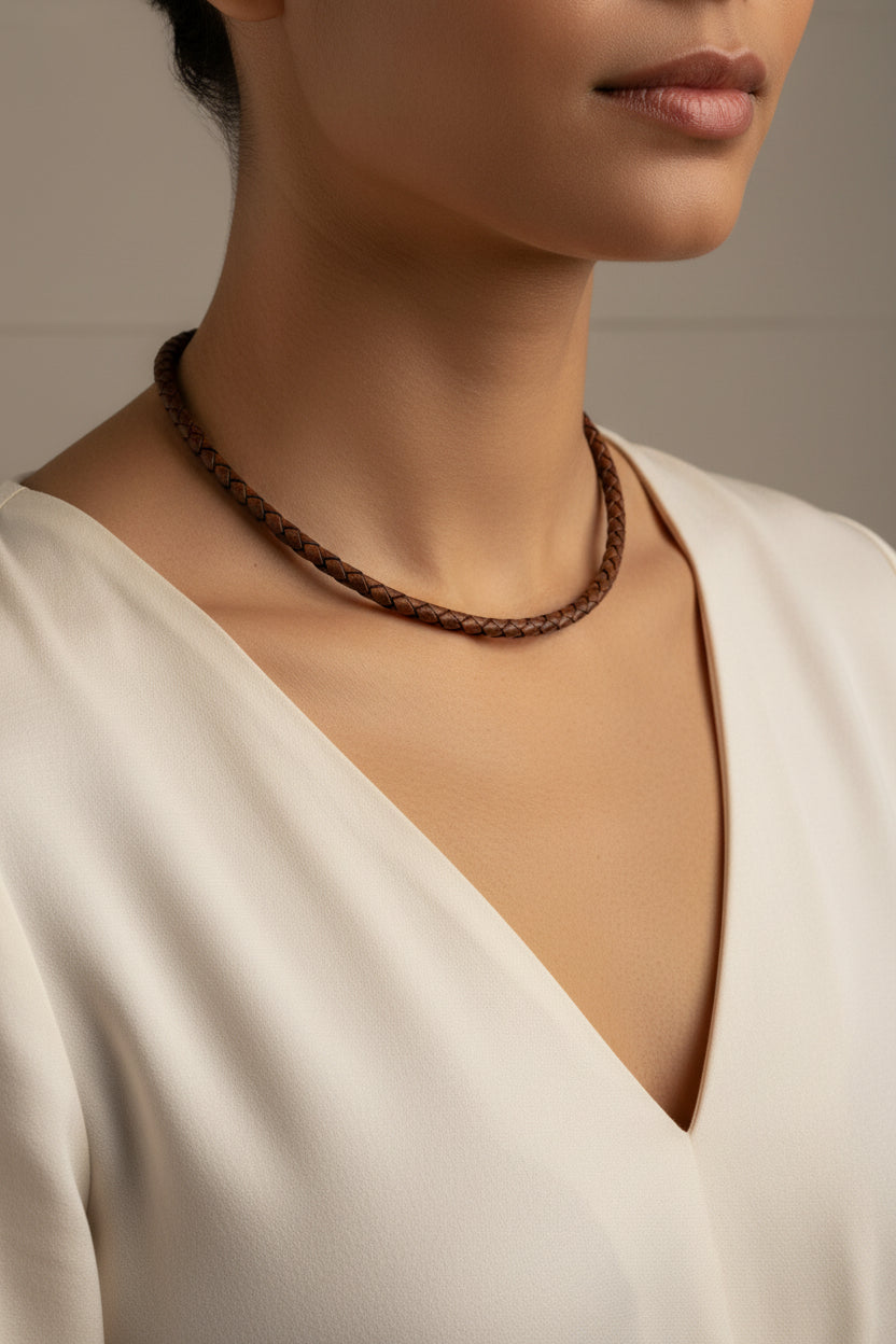Brown woven leather 5 mm diameter round necklace