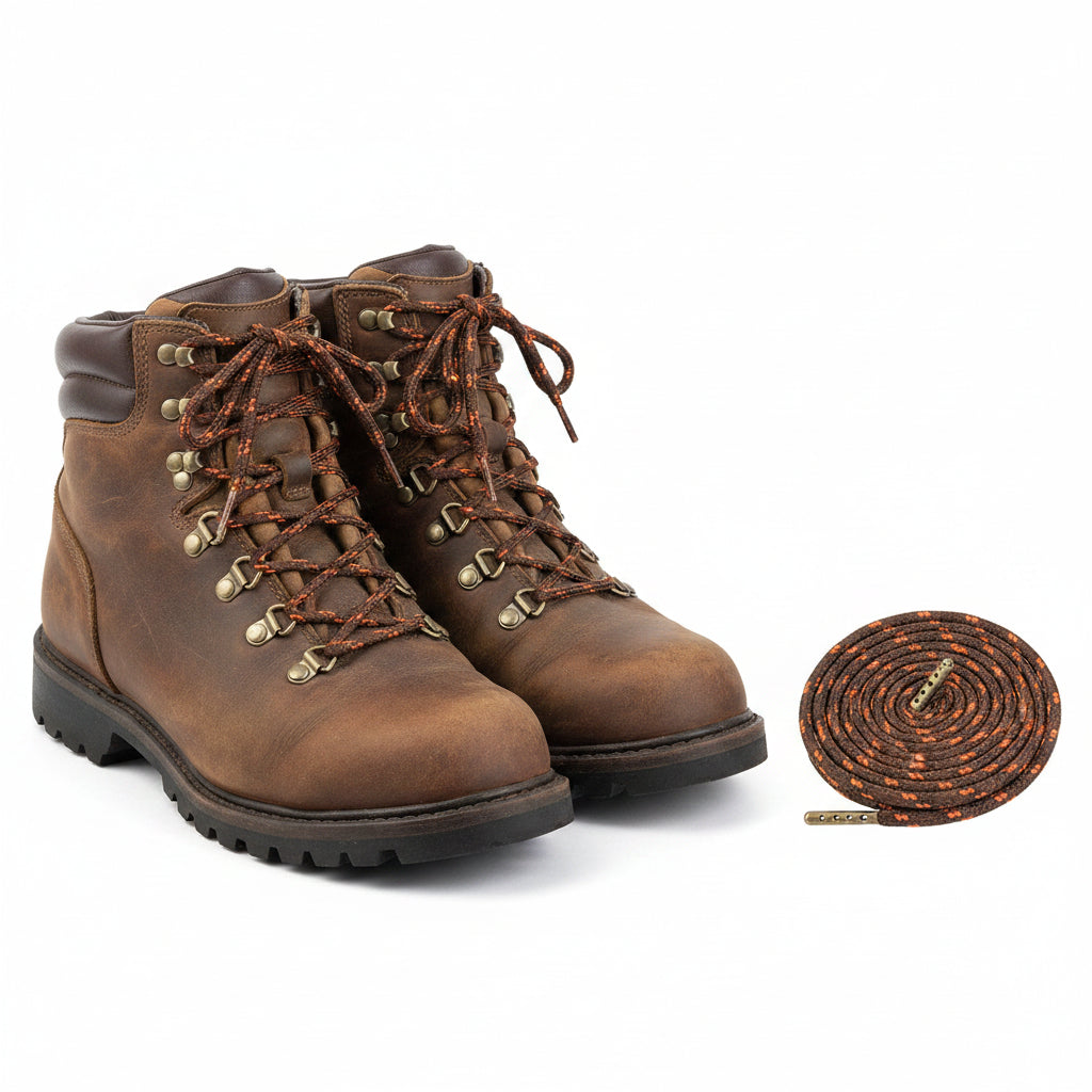 Brown with orange fleck hoelaces and Boot laces.