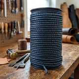 Braided leather cord round Navy Blue 5 mm