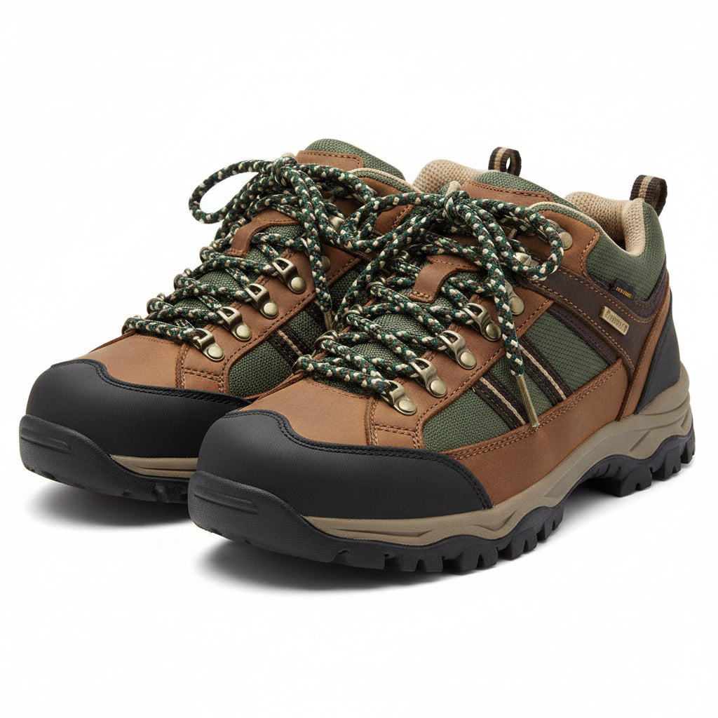 Pair of brown leather boots with green laces on a white background