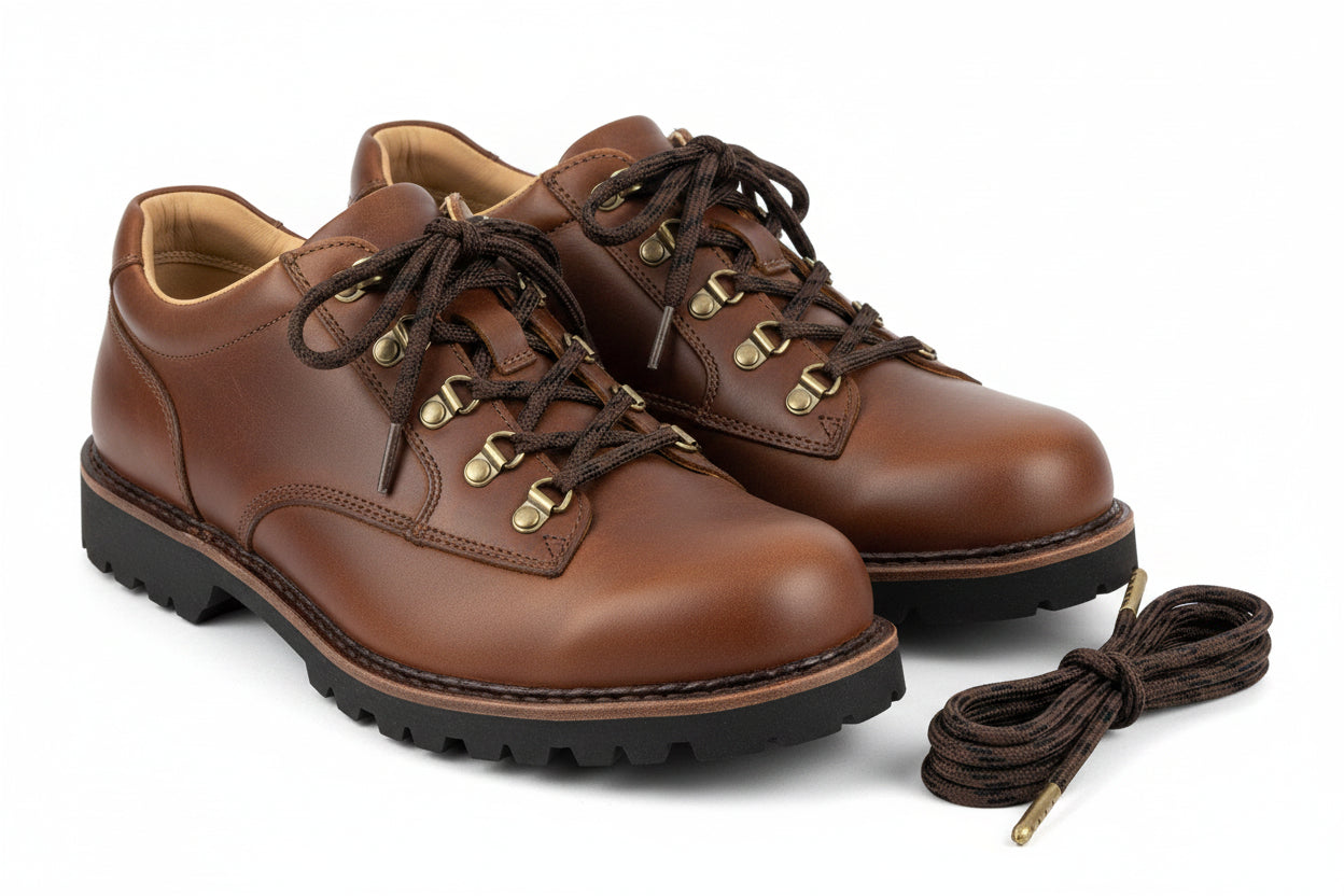 Brown leather shoe with brown and black fleck laces being tied on a white background