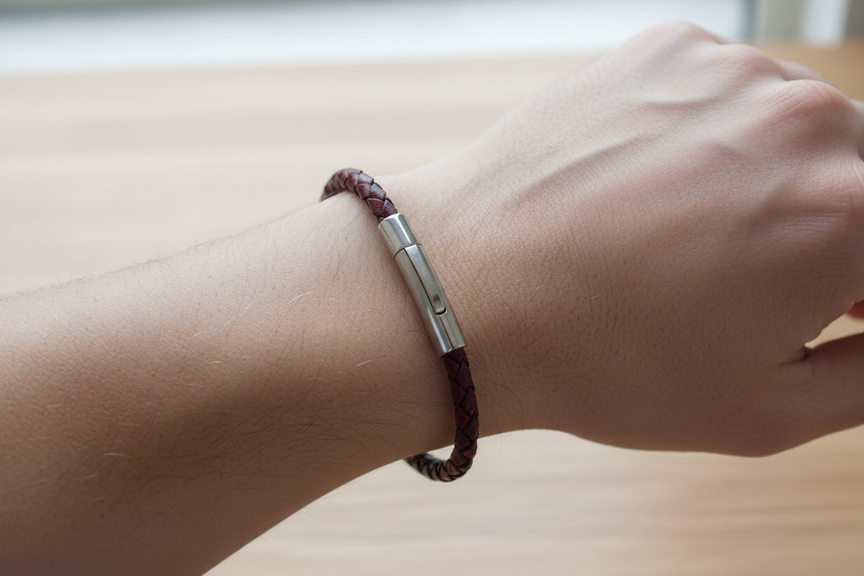 Red braided leather bracelet with a silver clasp on a textured surface