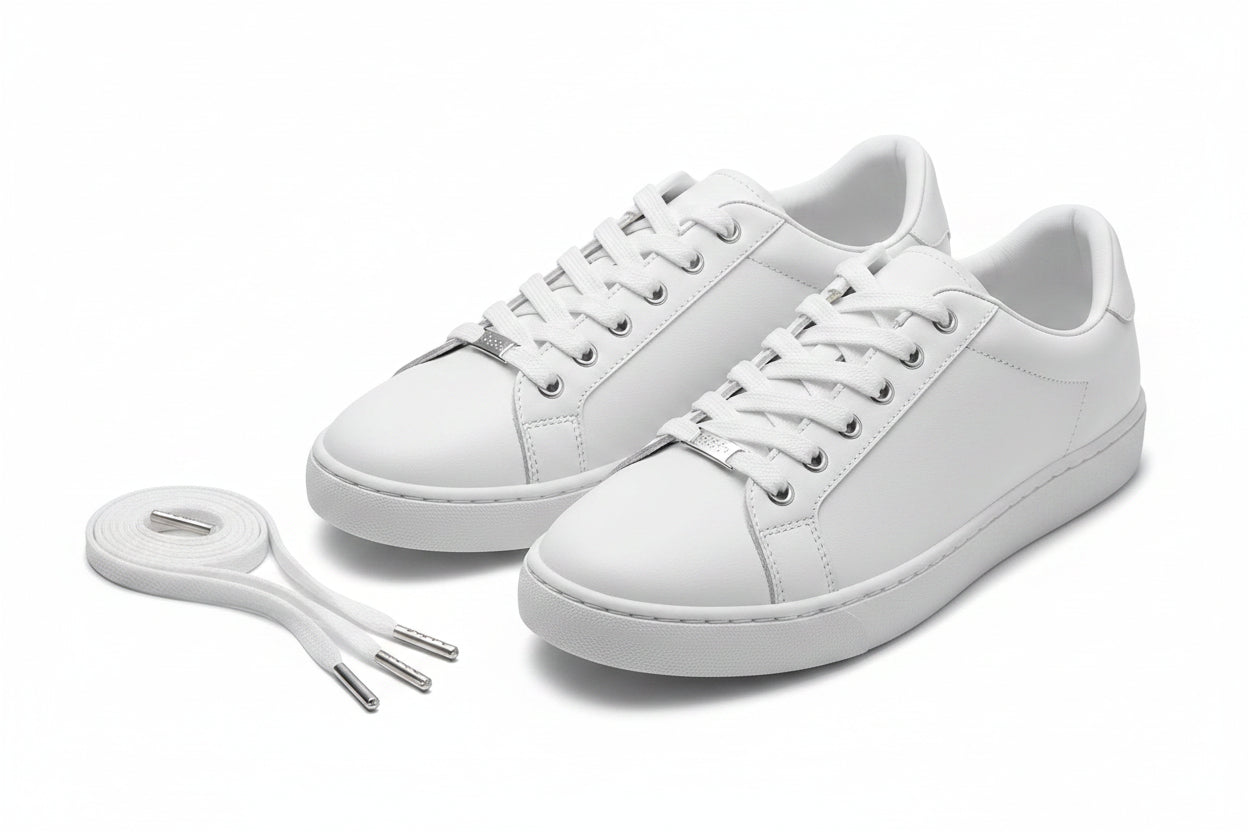 White sneaker laces on a white background