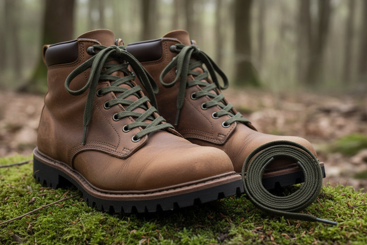 Green flat wax cotton shoelaces and Boot laces wth clear plasti tips,