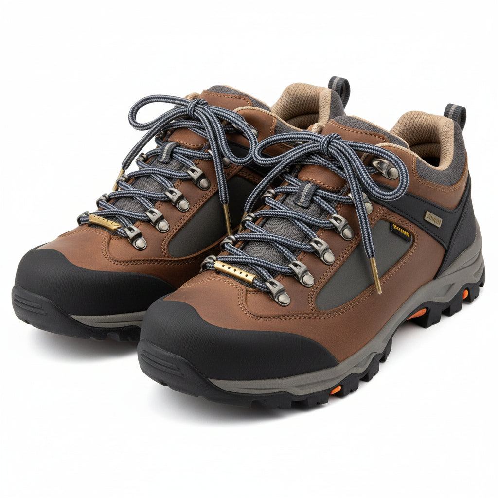 Pair of brown leather boots with navy blue laces on a white background