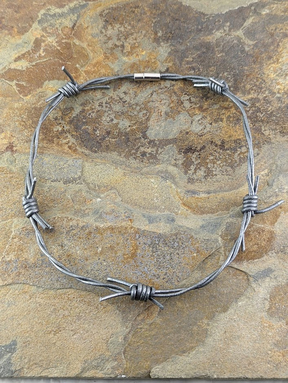 Grey steel look leather barbed wire Necklace