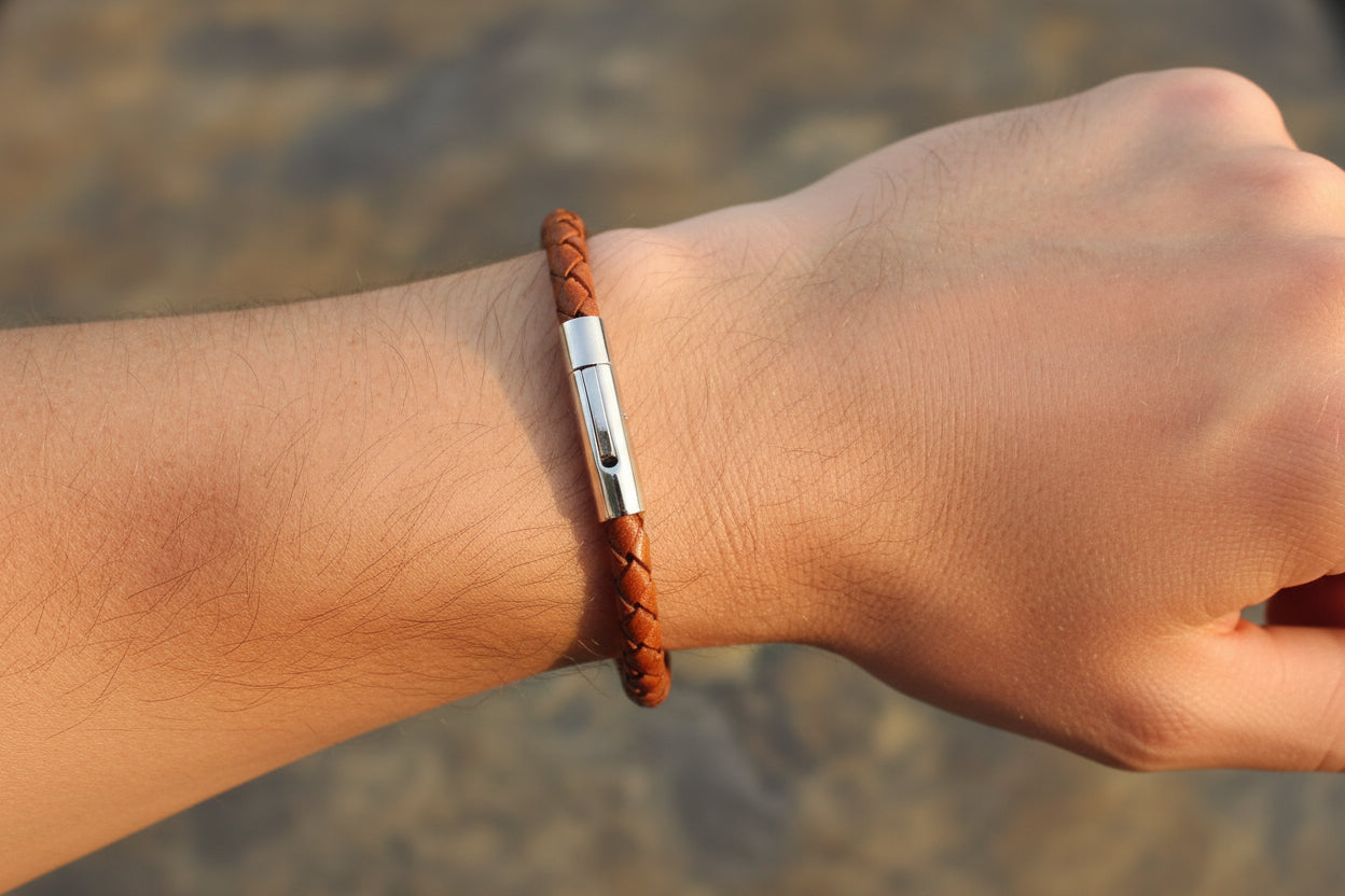 light brown leather bracelet on wrist
