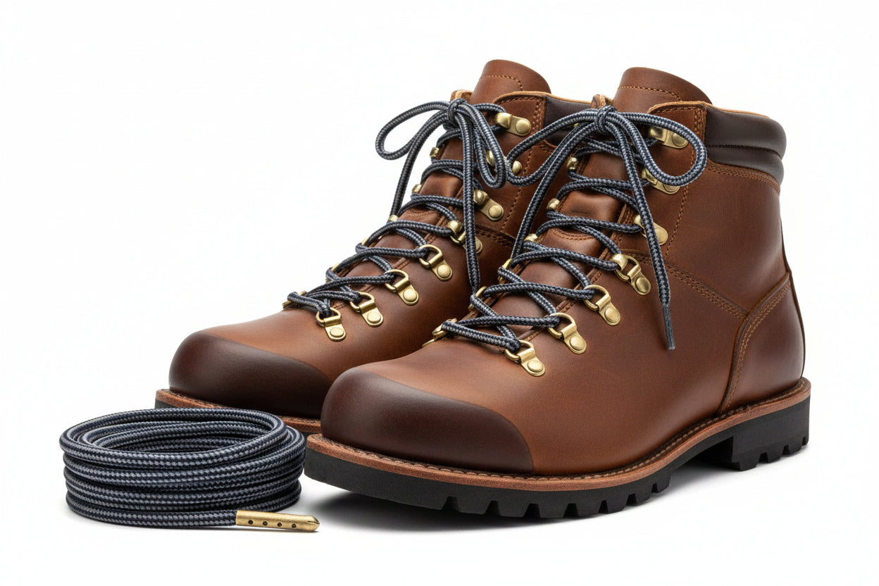 Pair of brown leather boots with navy and grey stripe laces on a white back groundbackground