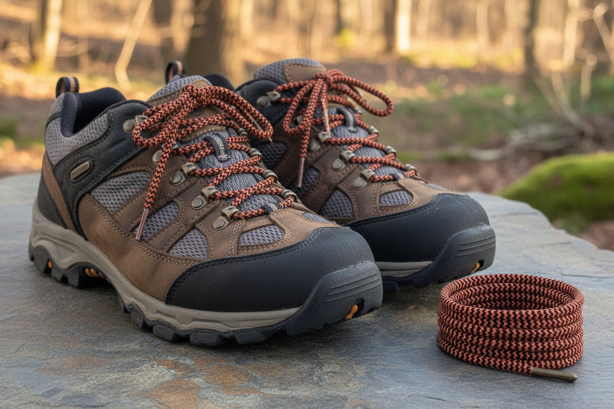 A coiled pair of braided shoelaces in a orand black pattern, displayed on a textured gray stone 