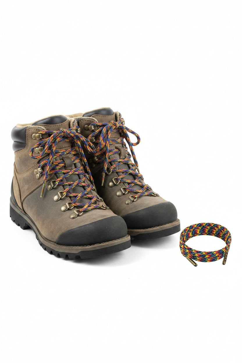 Multicolored braided shoelace with gold metal eyes on a gray background