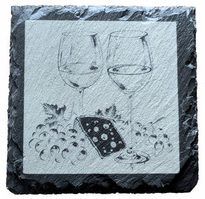 Slate coasters with grey background and wine glasses