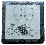 Slate coasters with grey background and wine glasses