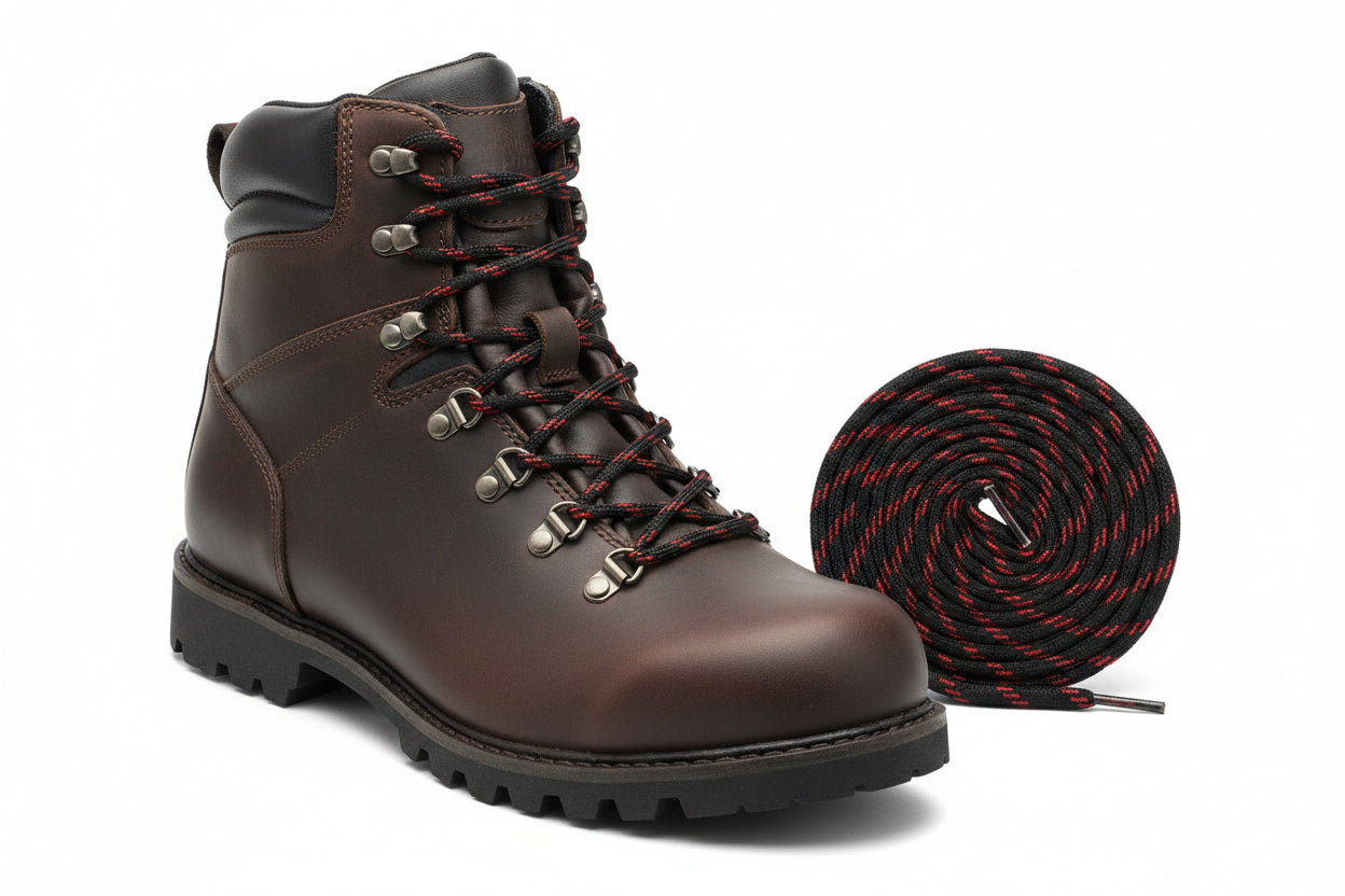 Black leather boots with red blalaces on a white backgroundk 