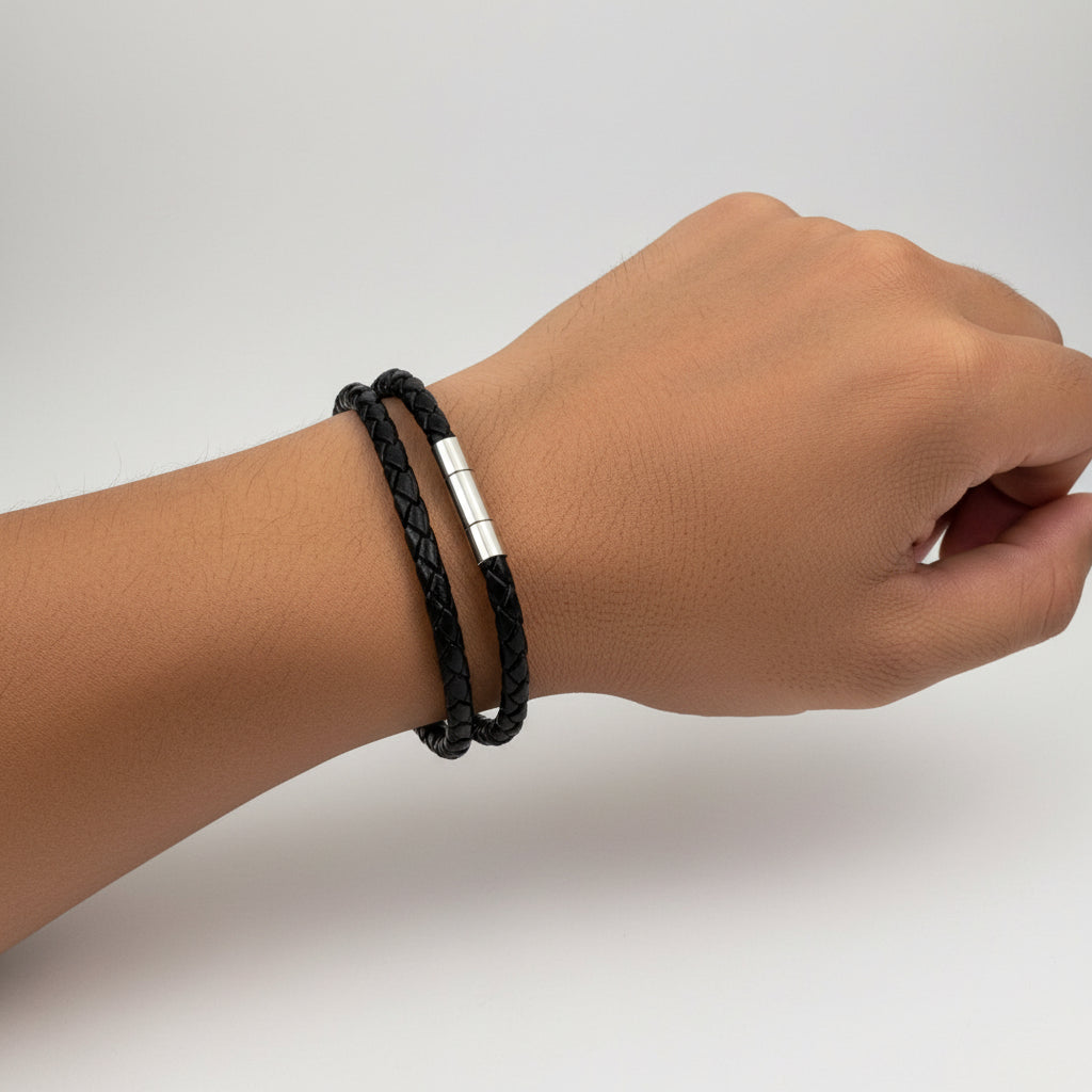 Double Rap Braided Leather Bracelet  Black