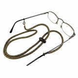 A pair of metal eyeglasses with a braided rope-style neck strap in olive green.
