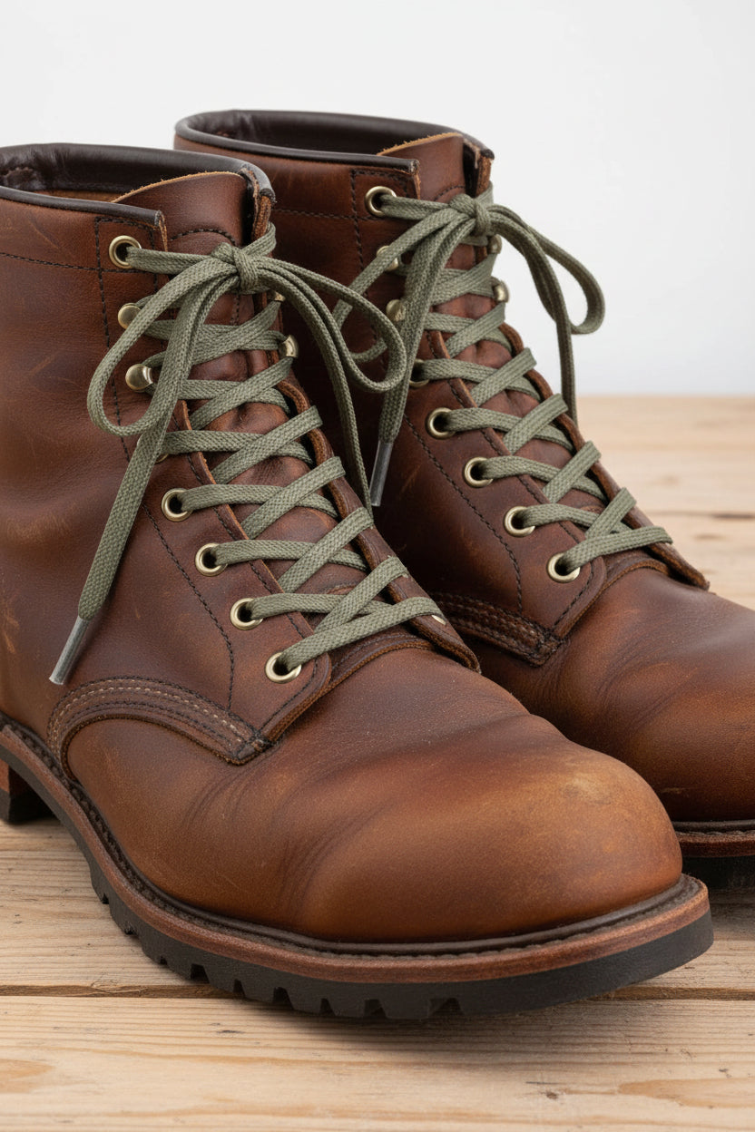 Green 4 mm flat wax cotton shoelaces and boot laces.