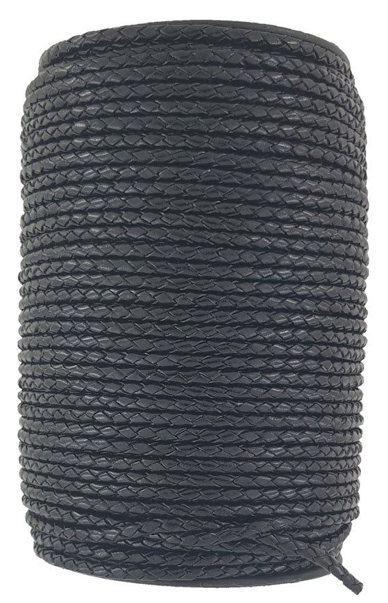 Black braided leather craft cord 4 mm round