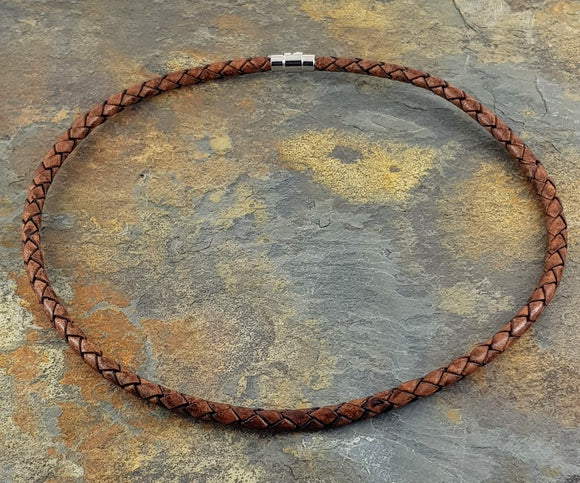 Brown woven leather 5 mm diameter round necklace in 6 sizes