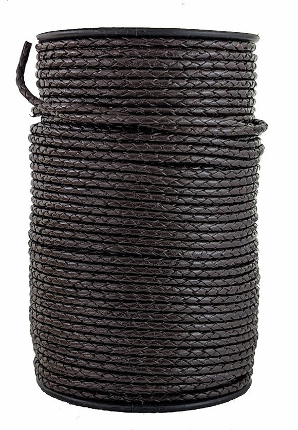 Dark brown braided leather craft cord 4 mm round