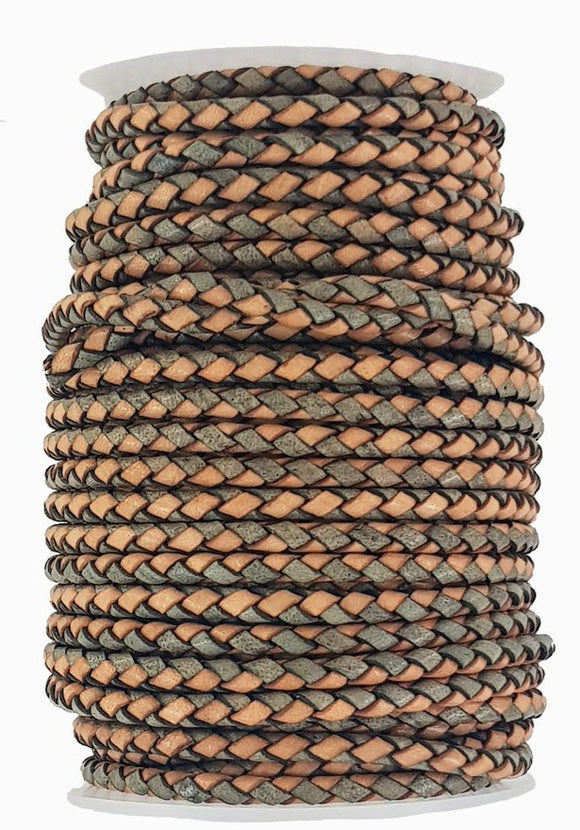 Grey & Tan leather braided leather cord 4 mm round.